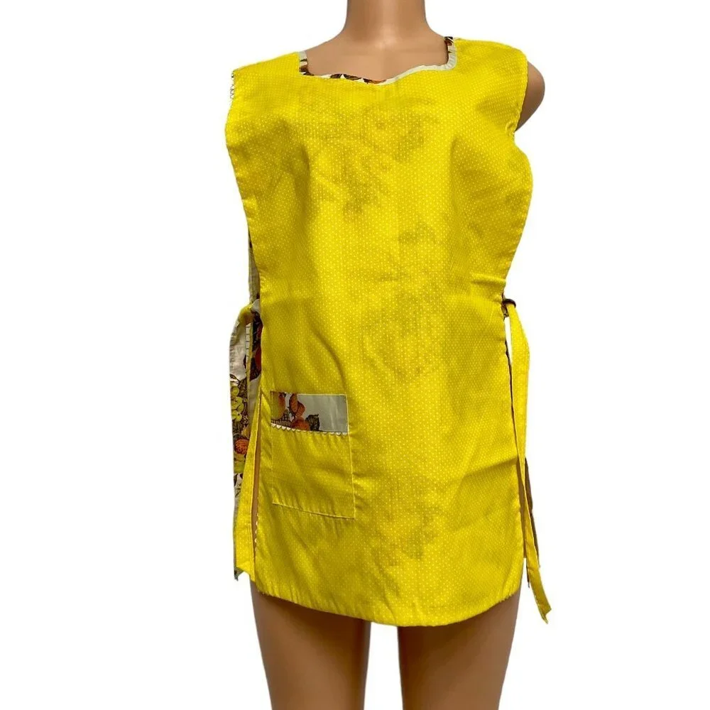 Women Yellow Orange Reversible Bib Apron Fruit Floral Pattern Vintage Autumn - Picture 10 of 14
